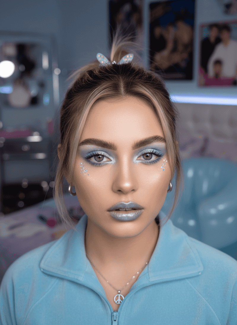Y2K Makeup Details: Icy Lids, Skinny Brows, and Glitter Accents