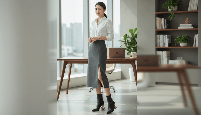 Midi Skirt + Slit + Crisp White Shirt