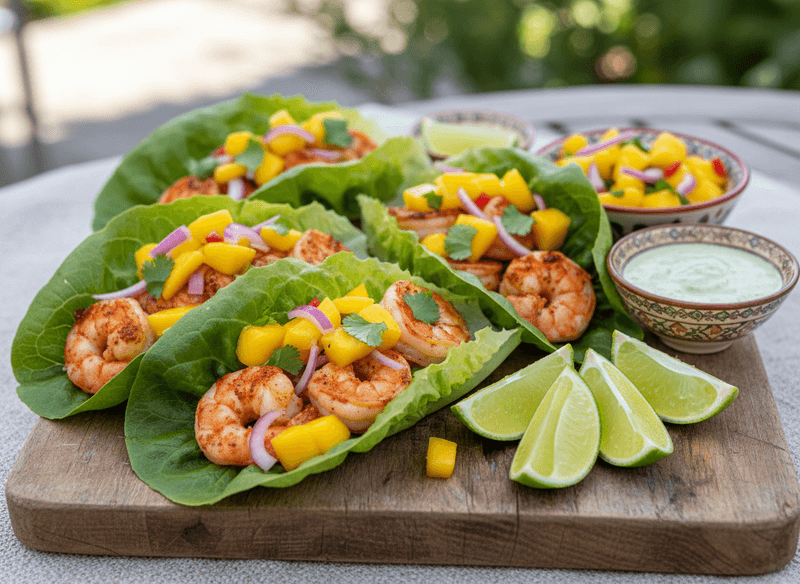 Chili-Lime Grilled Shrimp Tacos in Lettuce Cups with Mango Salsa