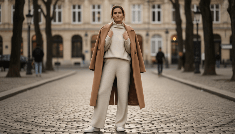 Monochrome Knit Set + Statement Coat + Minimal Sneakers