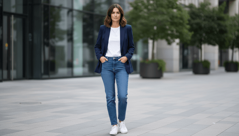 Navy Blazer + White Tee + Straight-Leg Jeans