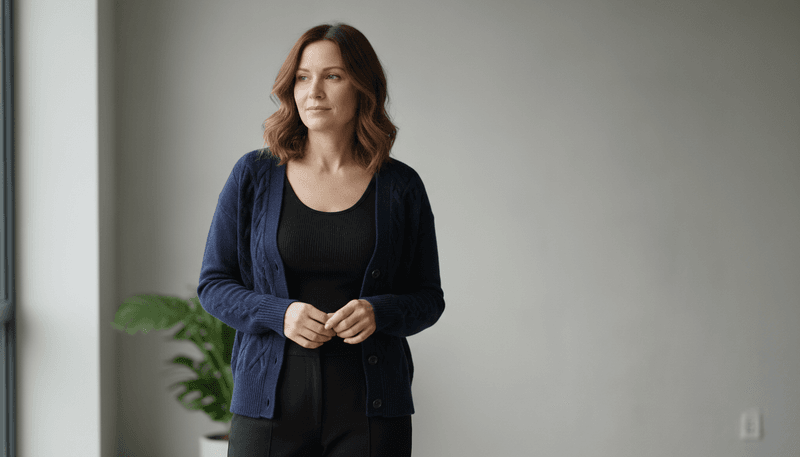 Navy Cardigan + Black Tank + Black Pants