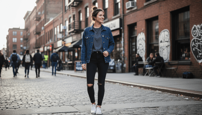 Navy Denim Jacket + Gray Tee + Black Jeans