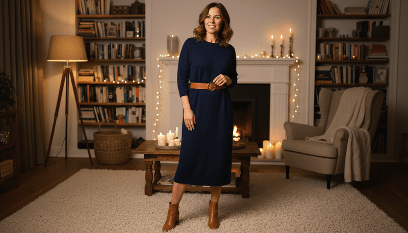 Navy Knit Dress + Tan Leather Accessories