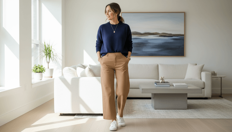 Navy Knit Sweater + Camel Trousers