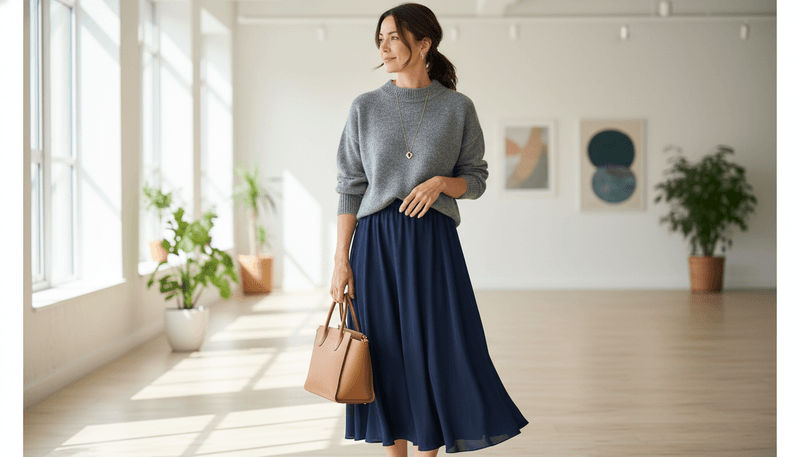 Navy Midi Skirt + Gray Knit Top