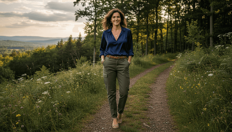 Navy Silk Blouse + Olive Cargo Pants
