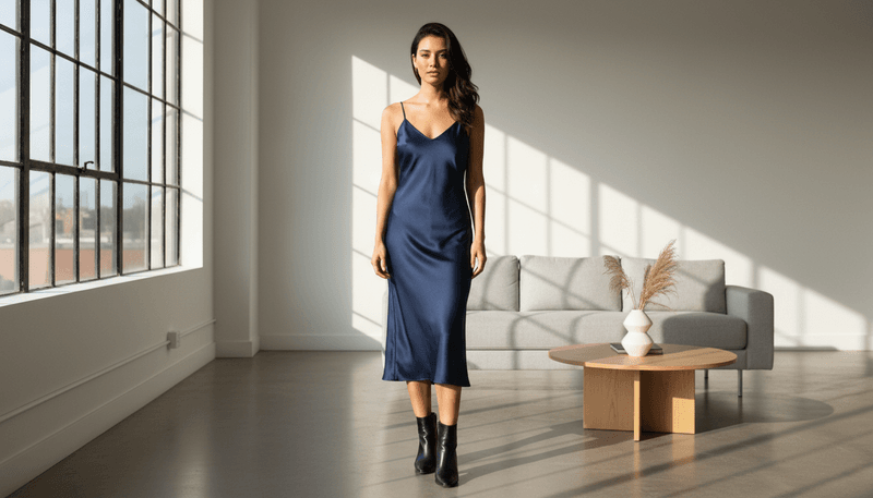 Navy Slip Dress + Black Ankle Boots