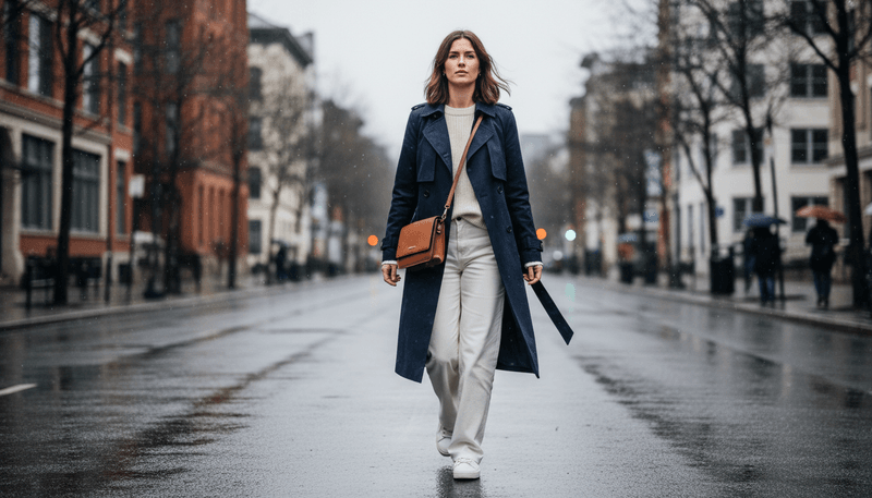 Navy Trench Coat + All-White Base Layer