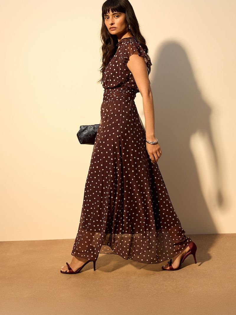 Next Chocolate Brown Spot Pleated Mesh Print V-Neck Occasion Maxi Dress