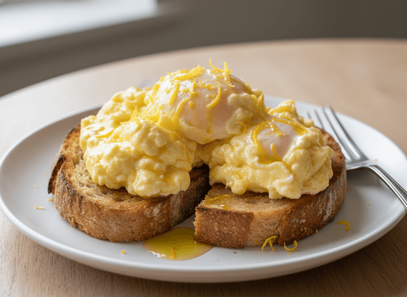 Soft Scrambled Eggs on Toast with Lemon and Olive Oil