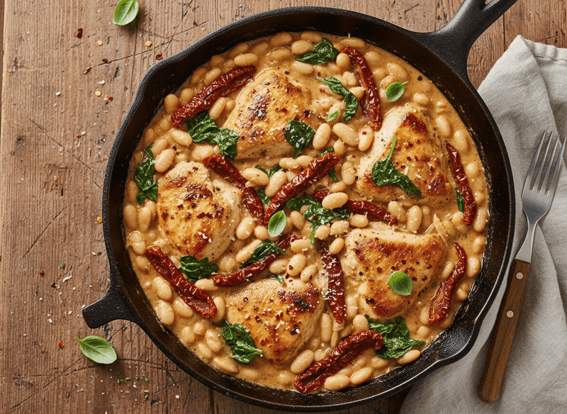 Creamy Tuscan Chicken & White Beans Skillet
