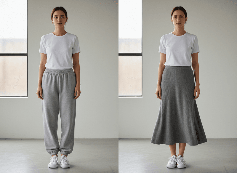 Sweatpants to Midi-Length Knit Skirt