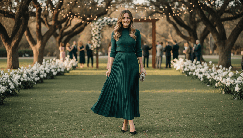 Pleated Maxi Skirt + Fitted Knit Top + Kitten Heels