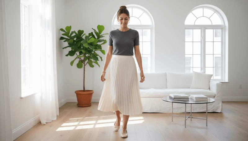 Pleated Skirt + Ballet Flats + Minimal Top