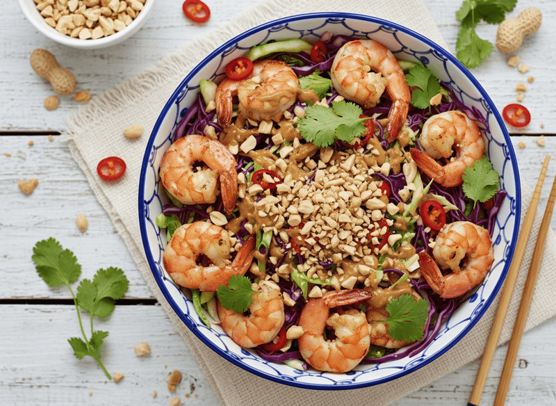Thai-Inspired Shrimp and Cabbage Slaw Bowl with Crushed Peanuts
