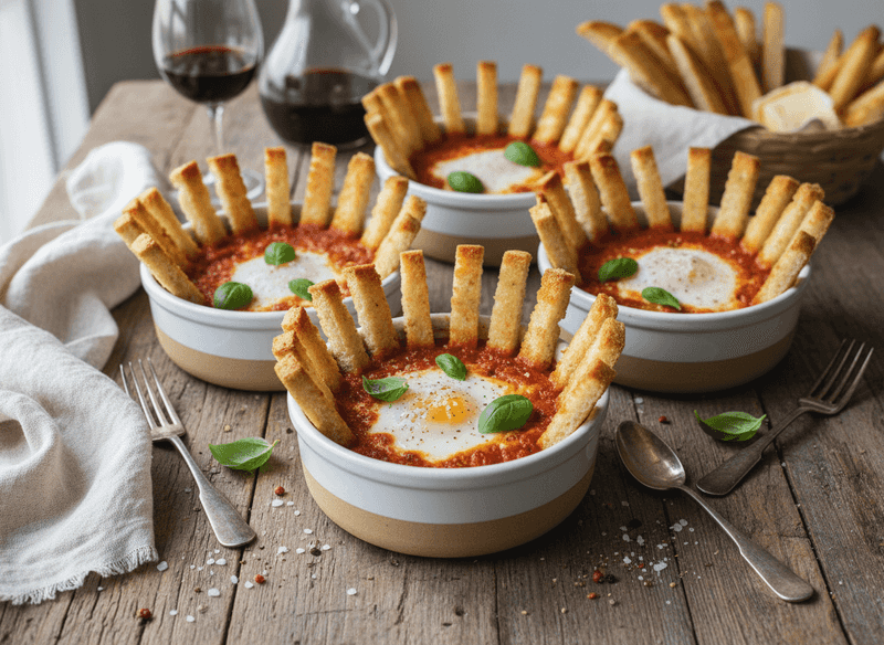 Baked Eggs in Marinara with Toast Soldiers