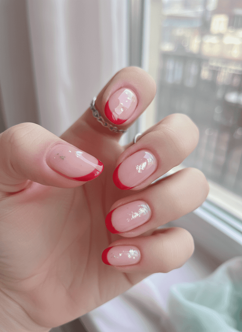 Red French Tips on Milky Pink Base