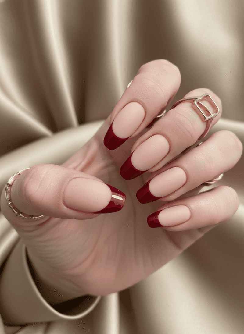 Glossy Red Tips + Matte Nude Base