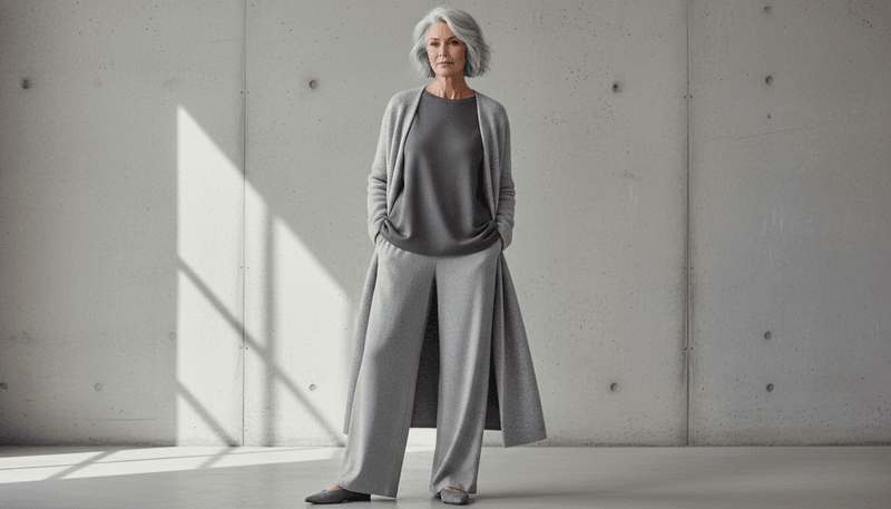 Relaxed Top + Wide-Leg Pant + Duster in Soft Gray