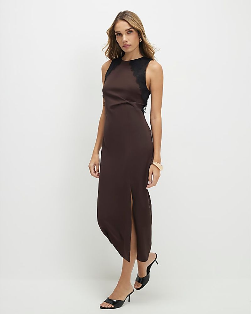 River Island Brown Lace Trim Twist Midi Dress