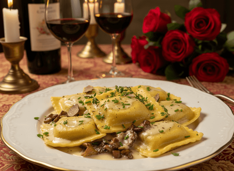 Wild-Mushroom and Fontina Stuffed Ravioli with Light Cream Sauce