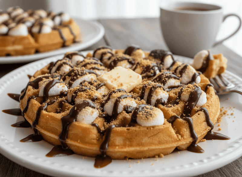 S'mores Waffles (with toasted marshmallow & chocolate drizzle)