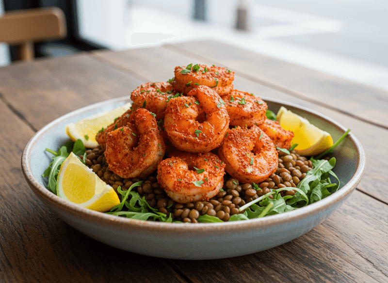 Harissa Shrimp with Warm Lentils and Arugula