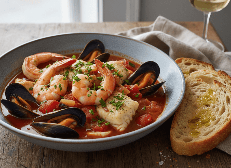 Light Seafood Cioppino with Shrimp, Mussels, and Fish in Tomato-Fennel Broth