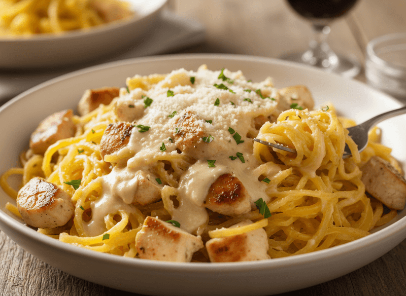 Keto Chicken Alfredo over Spaghetti Squash