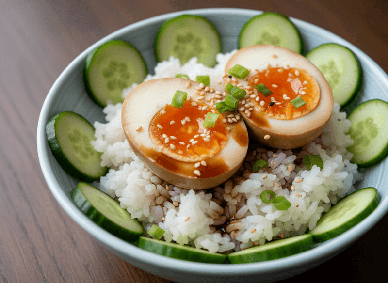 Soy-Sauce Eggs with Rice and Cucumbers