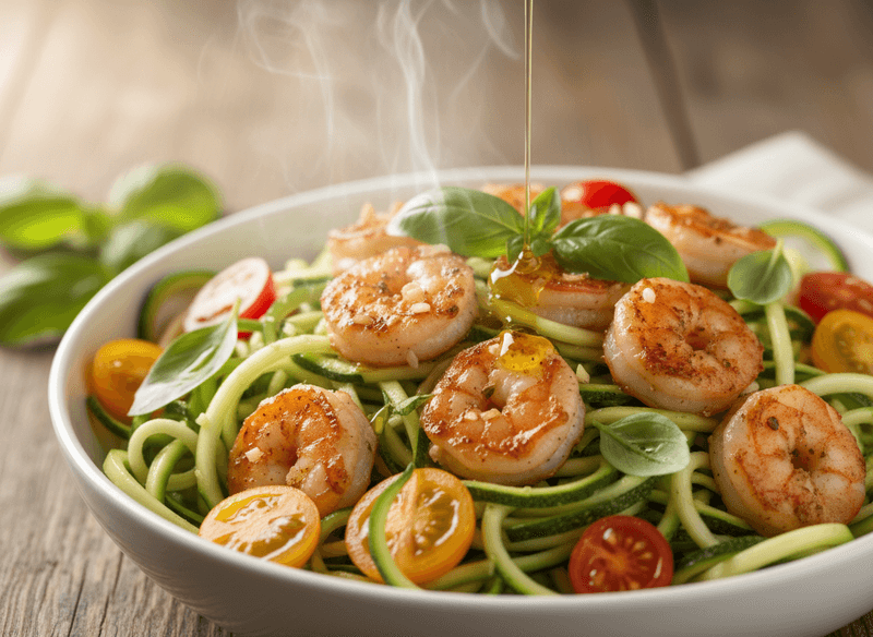 Garlic Shrimp and Zucchini Noodle Sauté with Cherry Tomatoes