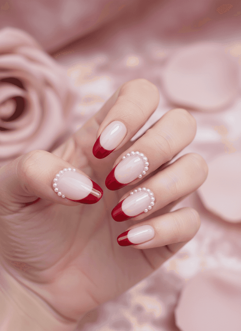 Red French Tips with Pearl Details
