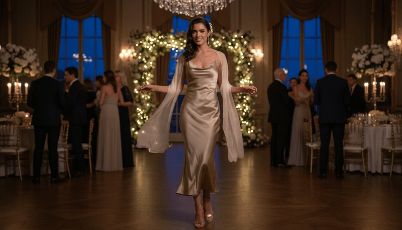 Silk Slip Dress + Sheer Shawl + Strappy Heels