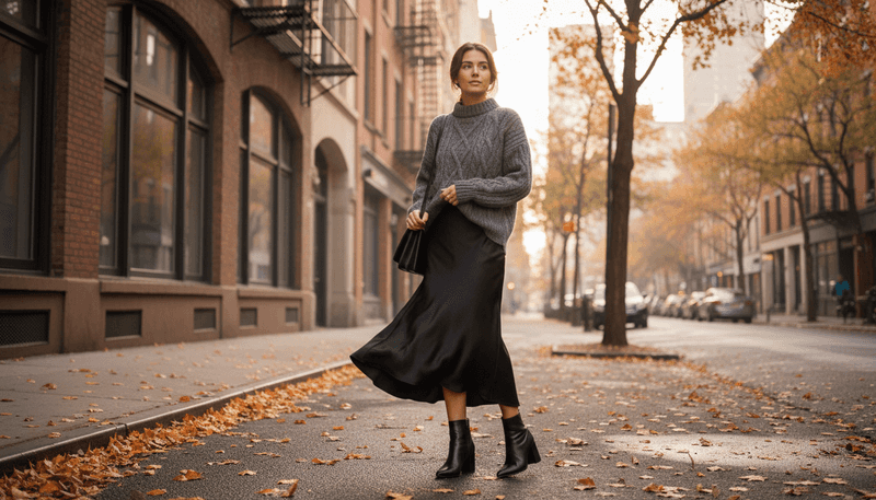Slip Skirt + Chunky Knit + Heeled Boots