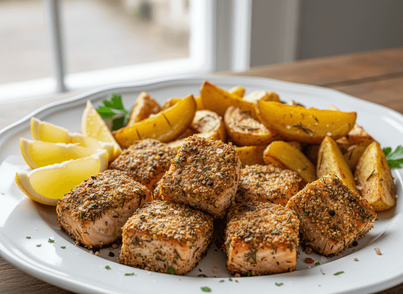 Baked Salmon Bites with Crispy Potato Wedges