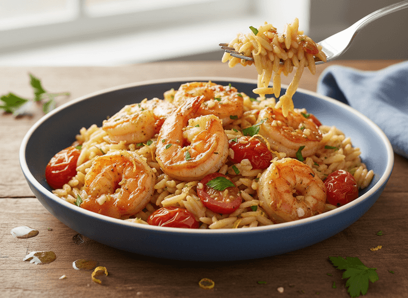 Garlic Butter Shrimp with Orzo & Cherry Tomatoes