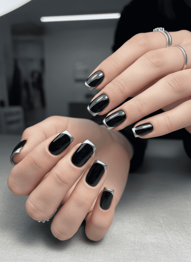 Short Black With Micro French In Silver Chrome