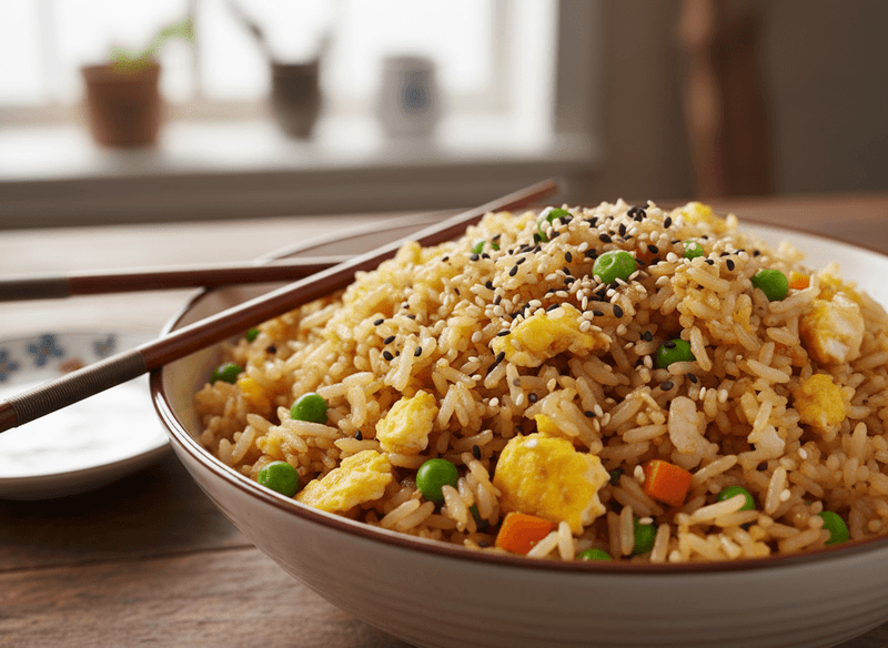 Egg Fried Rice with Frozen Peas and Soy Sauce