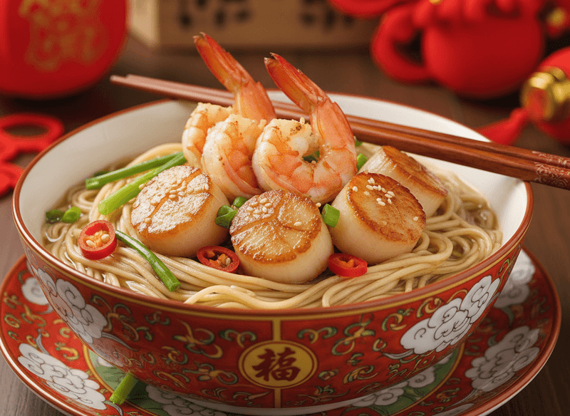 Seafood Longevity Noodles with Shrimp and Scallops