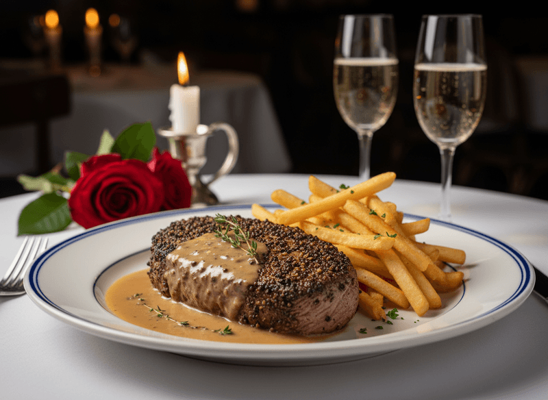 Steak au Poivre with Cognac Cream Sauce and Crisp Pommes Frites