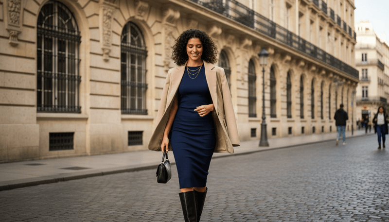 Structured Midi Dress + Oversized Blazer + Knee-High Boots