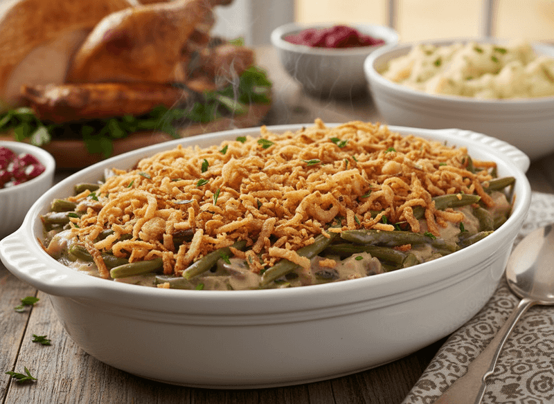 Green Bean Casserole with Crispy Onion Blanket