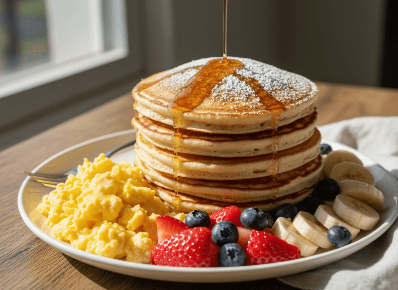 Breakfast-for-Dinner Pancake Stacks with Scrambled Eggs and Fruit