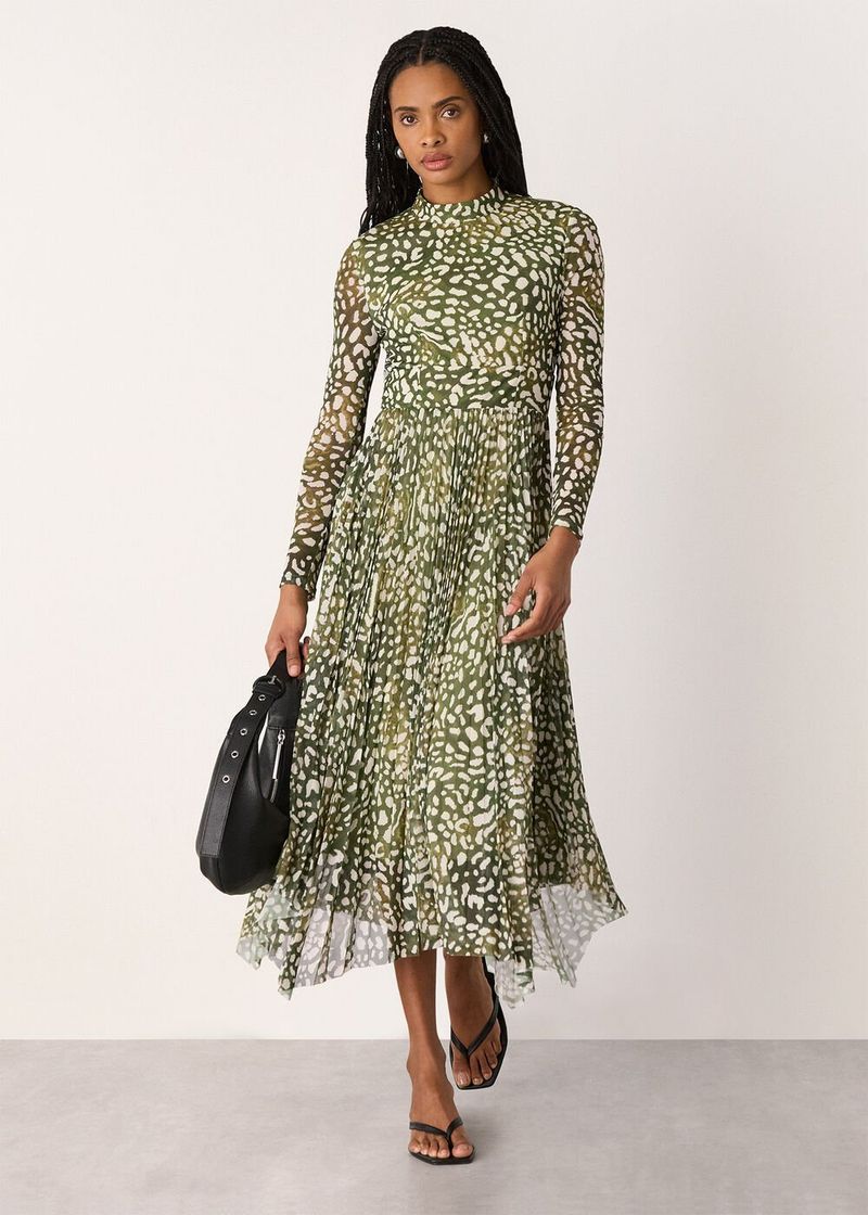 Whistles Green Animal Tiered Mesh Dress