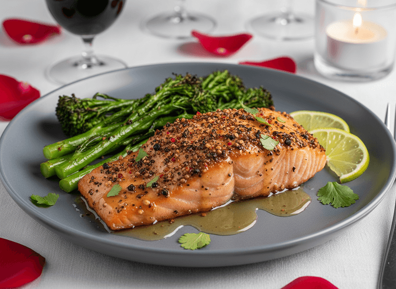 Chili-Rubbed Salmon with Honey-Lime Glaze and Charred Broccolini