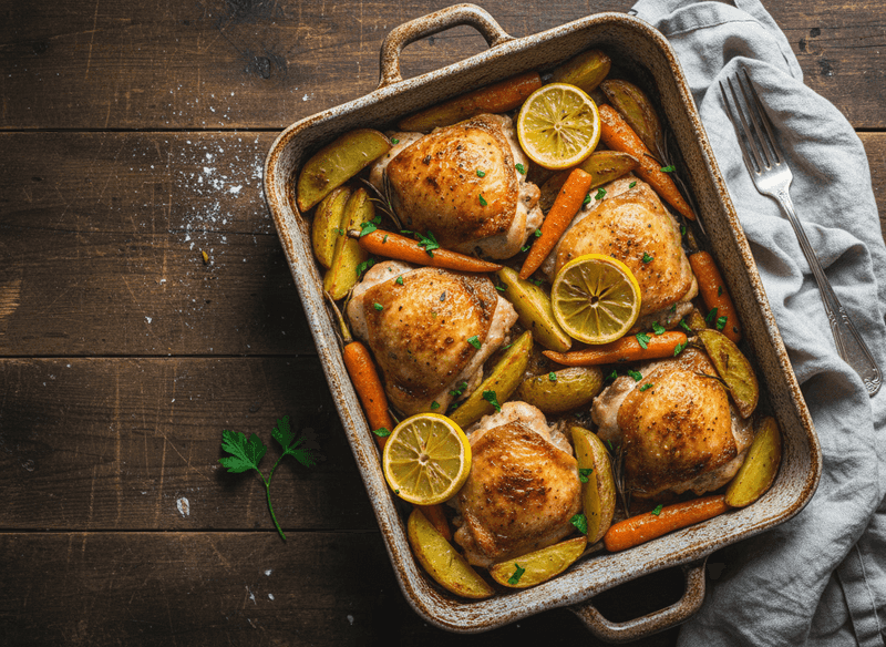 Lemon-Garlic Roasted Chicken Thighs with Potatoes and Carrots