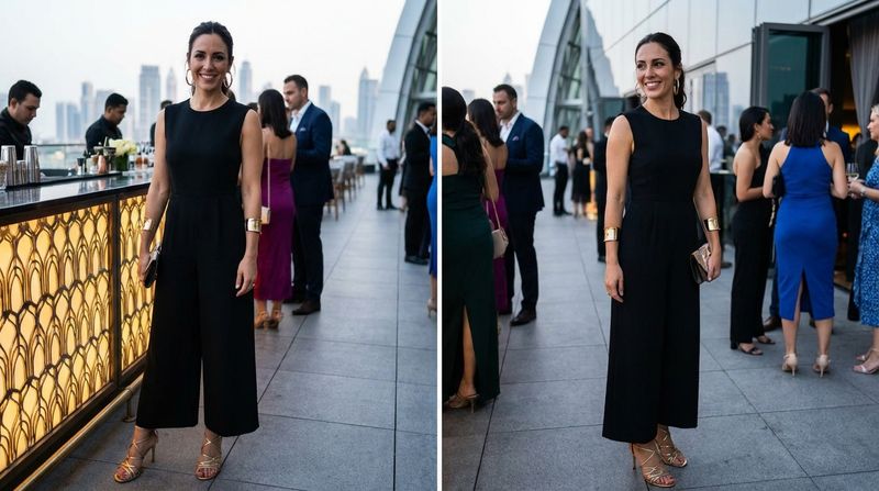 A Sleek Black Jumpsuit with Statement Accessories