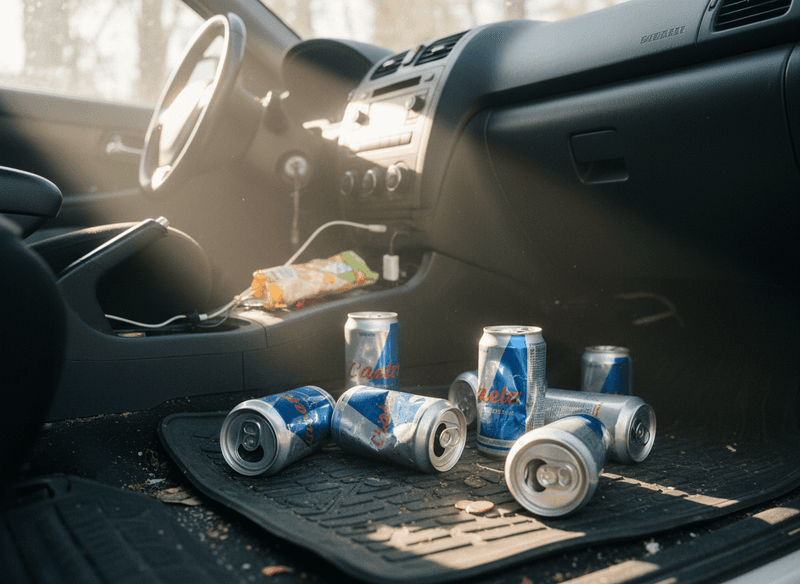 Empty Energy Drink Cans Rolling Around the Floor