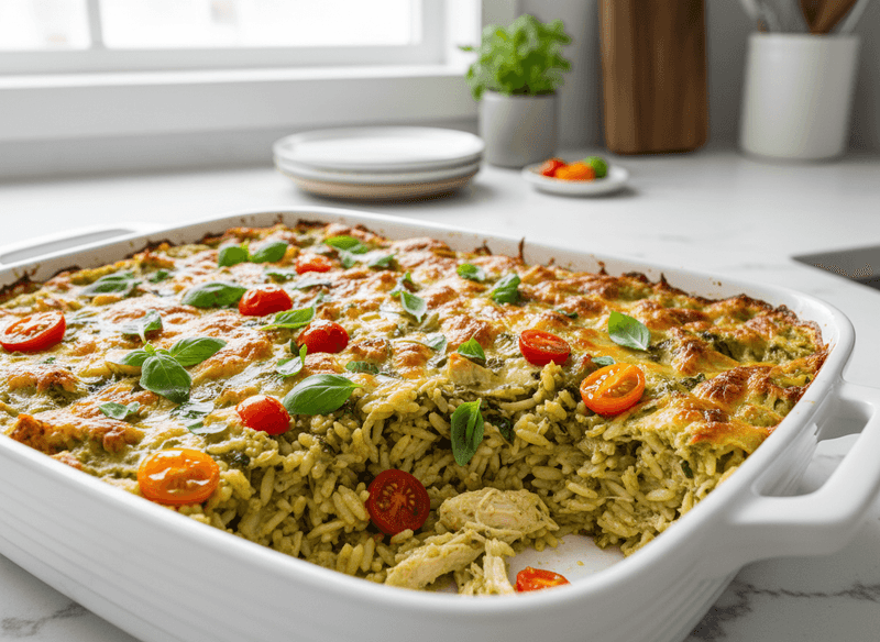 Creamy Pesto Chicken & Orzo Casserole